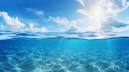 blue sea or ocean water surface and underwater with blue sky - obrazy, fototapety, plakaty
