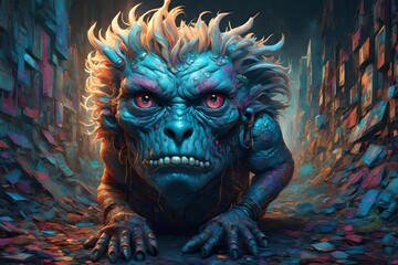 A fantasy illustration of a Monster wearing punk rock clothes, blue coloring 