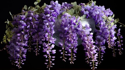 A cascading display of wisteria in a hanging glass vase, evoking a sense of elegance.