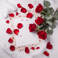 Valentine's day card or banner with red roses and rose petals with free space and place for text on a light background
