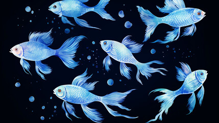 light watercolor blue fishes on the black background