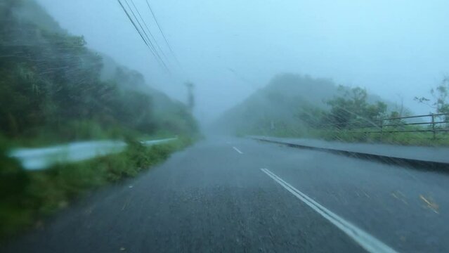 Driving In Torrential Rain Band Of Approaching Hurricane - Haishen
