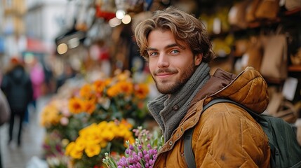 Obraz premium A handsome man buys a large bouquet of flowers on a snowy street as a gift for Valentine's day