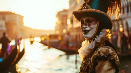 Foto op Plexiglas man in a carnival costume and mask at the Venetian carnival against the background of a river and gandolas, close-up with space for text © katerinka