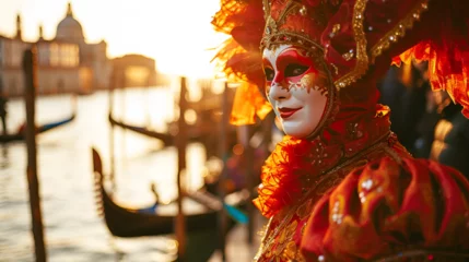 Fotobehang man in a carnival costume and mask at the Venetian carnival against the background of a river and gandolas, close-up with space for text © katerinka