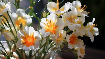 A close-up of freesias in a mercury glass vase, showcasing the intricate details of the blossoms.