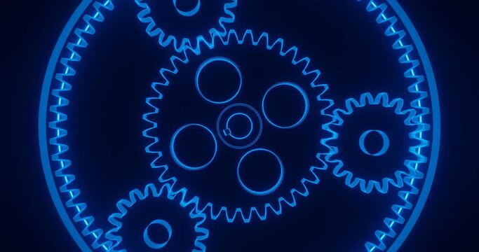 Gears in motion with blue plasma lighting and exciting flashes