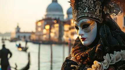 Poster Im Rahmen Venice carnival banner with place for text, a man in a carnival costume and mask against the background of a river and gandolas at the Venice carnival © Екатерина Абрамова