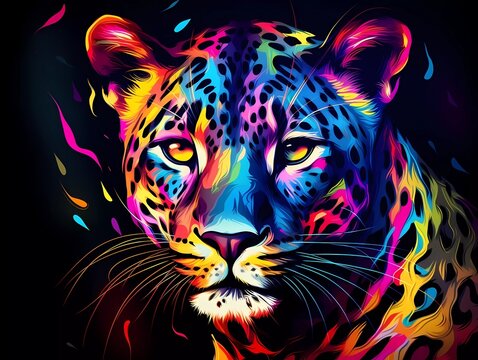 leopard illustration in abstract, rainbow ultra-bright neon artistic portrait graphic highlighter lines on minimalist background. generative ai
