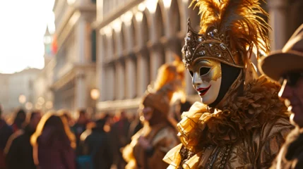 Foto auf Acrylglas Antireflex Venice carnival banner, people in carnival costumes and masks at the Venice Carnival © katerinka