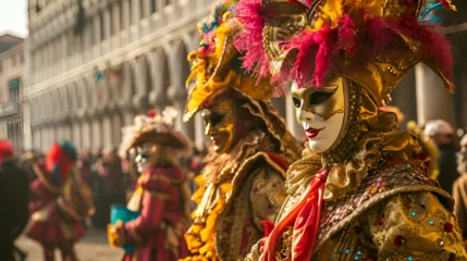 Tuinposter Venice carnival banner, people in carnival costumes and masks in St. Mark's Square at the Venice Carnival © katerinka