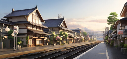 Fototapeta na wymiar a beautiful japanese village city town in the morning. railway station. generated by AI