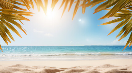 Fototapeta na wymiar summer background with frame nature of tropical golden sand beach close-up, sea water, blue sky.