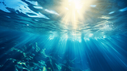 sunbeams under the rippled ocean water surface with sunlight