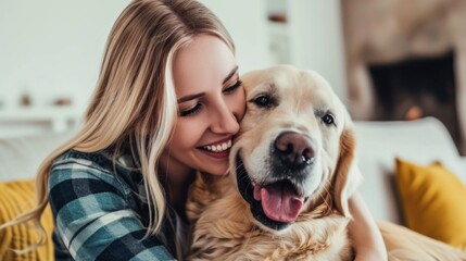 happy woman hugging golden retriever dog spending time together with her pet