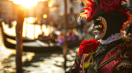 a man in a red and black carnival costume and mask at the Venetian carnival with a red rose in his hand against the background of a river and gondolas