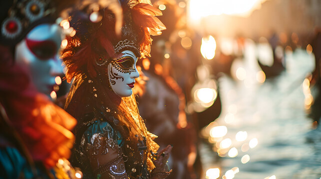  Venice carnival banner with place for text, a man in a carnival costume and mask against the background of a river and gandolas at the Venice carnival