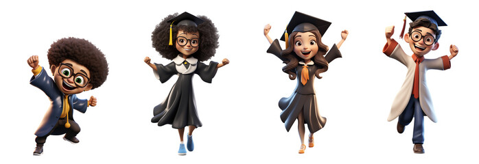 Group of 3D cartoon character cute happy young woman and man graduate students excited dancing cool fun celebrating, Full body isolated on white and transparent background