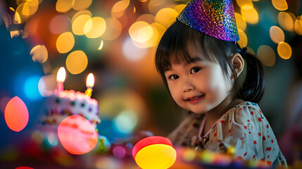 Fototapeta na wymiar close up portrait of asian girl celebrating birthday with bokeh cake on background