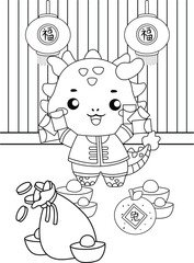 Chinese Dragon Year Celebration Lunar Year Cartoon Coloring Activity for Kids and Adult