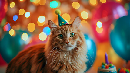 birthday card kitten with cake on a background of balloons and bokeh