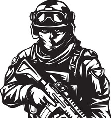 Steely Resolve Black Combat Soldier Logo Design Covert Strike Force Tactical Soldier Glyph in Black