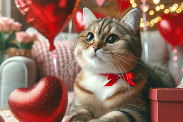 Cute fluffy cat with red ribbon on the neck looking up with love and hope in his eyes on a valentine's day