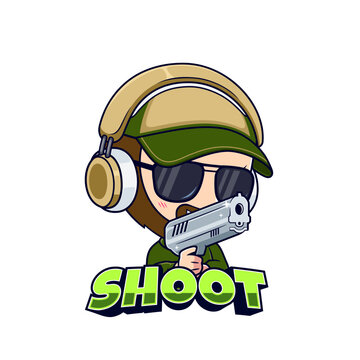 Gamer guys shooter pointing a gun sticker mascot logo vector