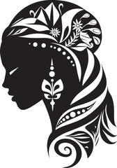 Artistry of Ancients Vector Black Logo for Tribal Woman Heritage Muse Ethnic Woman Face Glyph in Black