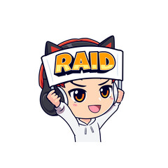 Gamer boy holding banner cartoon sticker mascot logo vector