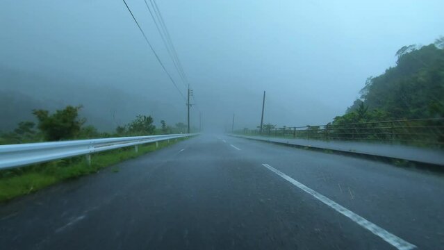 Driving In Lashing Rain As Hurricane Nears Island - Haishen