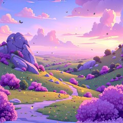 Dreamy Purple Landscape Illustration with Winding Path