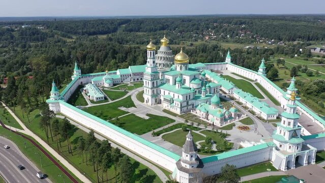 Picturesque summer aerial view of major monastery of Russian Orthodox Church in Moscow region, Resurrection Monastery located in historic area of Istra town
