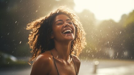 Photorealistic Teen Black Woman with Brown Straight Hair Illustration. Happy smiling person dancing in the rain. Summer day Ai Generated Horizontal Illustration.