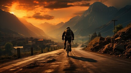 man bicyclist on road with mountains in distance.