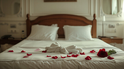 White six-star hotel room, double bed, rose strewn on the bed on Valentine's Day