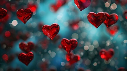 Valentines day background banner, abstract panorama with red hearts. concept love, bokeh, glitter, spectacular backdrops. holiday celebration on 14th february. generative AI