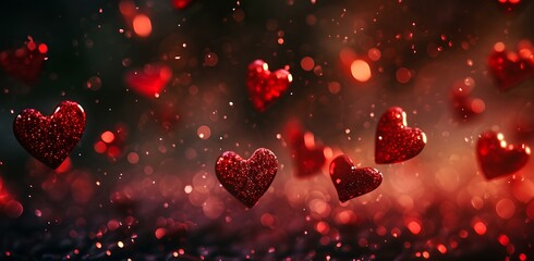 Valentines day background banner, abstract panorama with red hearts. concept love, bokeh, glitter, spectacular backdrops. holiday celebration on 14th february. generative AI
