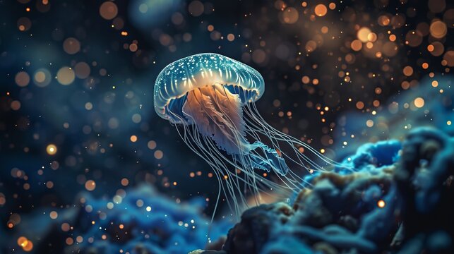 Glowing Marine Jellyfish Swimming Amidst Light Particles in Dark Ocean Depths