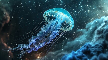 Bioluminescent Jellyfish in Deep Sea Surrounded by Floating Light Particles - obrazy, fototapety, plakaty