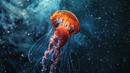 Fototapeta premium Jellyfish Swimming in Deep Blue Ocean with Illuminated Particles