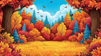 Fototapeta na wymiar Autumnal Fantasy Forest Illustration with Colorful Trees