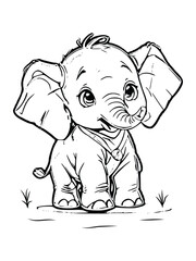 Cute Elephant Cartoon Outline Black and White Coloring Book Vector Illustration