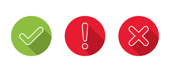Line of check mark, exclamation and x cross icon vector with long shadow