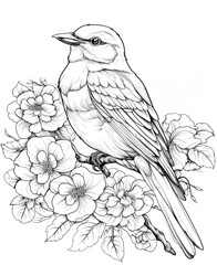 Bird and Flowers Detailed Coloring Page