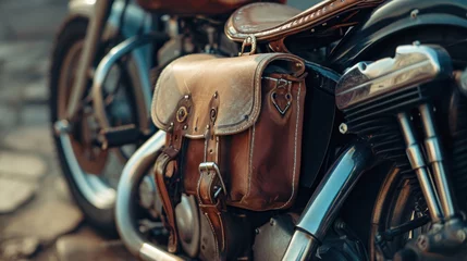 Gordijnen Leather vintage black saddlebags for custom motorbike in the side back to keep the luggage to go. © PaulShlykov