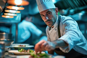 A professional chef prepares various dishes in the kitchen of an expensive restaurant