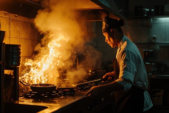 A professional Asian chef prepares various Chinese dishes in the kitchen of an expensive restaurant