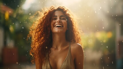 Photorealistic Teen Persian Woman with Red Curly Hair Illustration. Happy smiling person dancing in the rain. Summer day Ai Generated Horizontal Illustration.