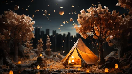 Schilderijen op glas Origami camping tent with 3d minimal background © Adja Atmaja